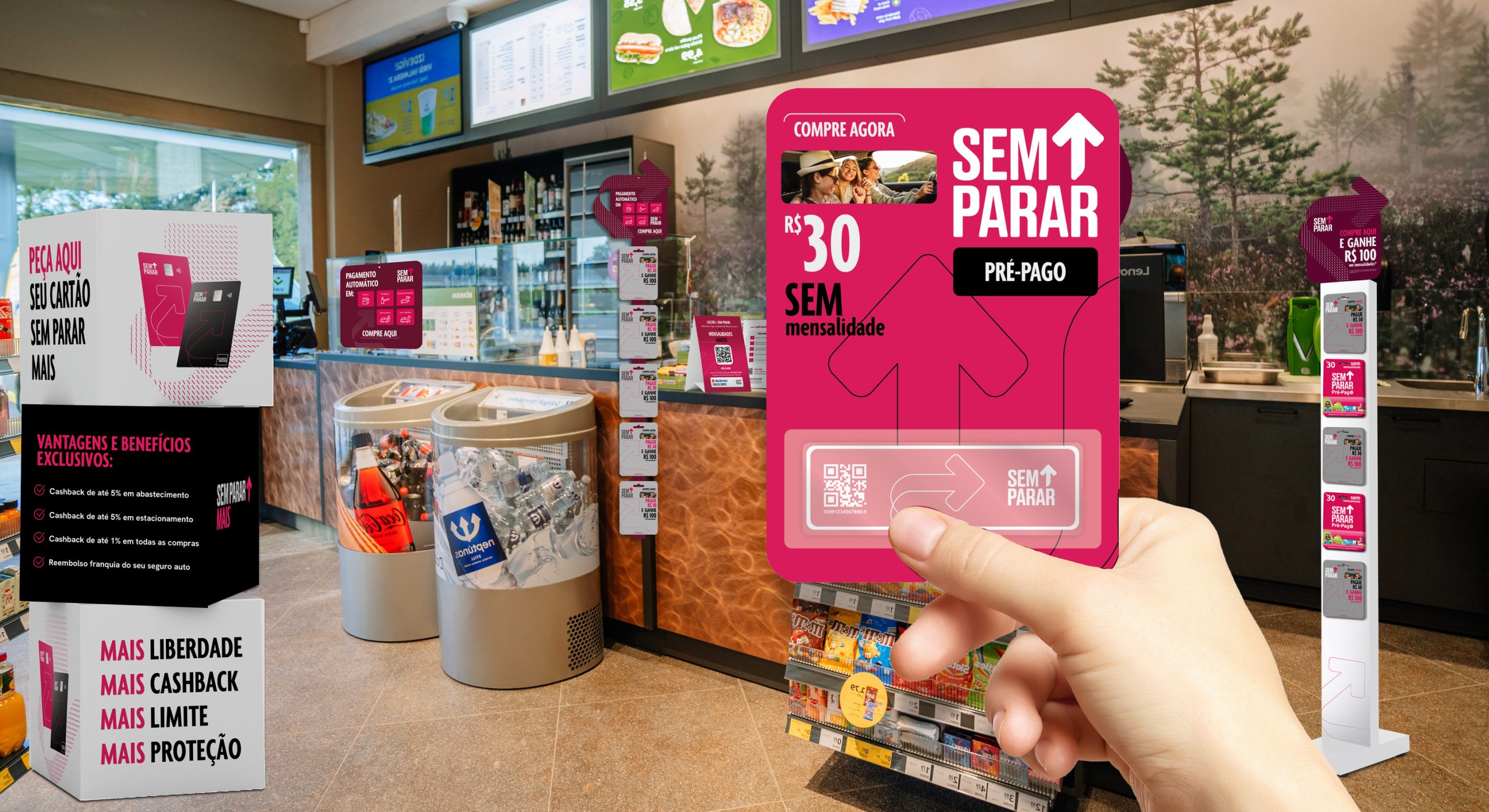 Valmiera, Latvia - August 8, 2024 - A fast-food counter with digital menu boards, snack displays, and refrigerated beverages inside a modern convenience store.