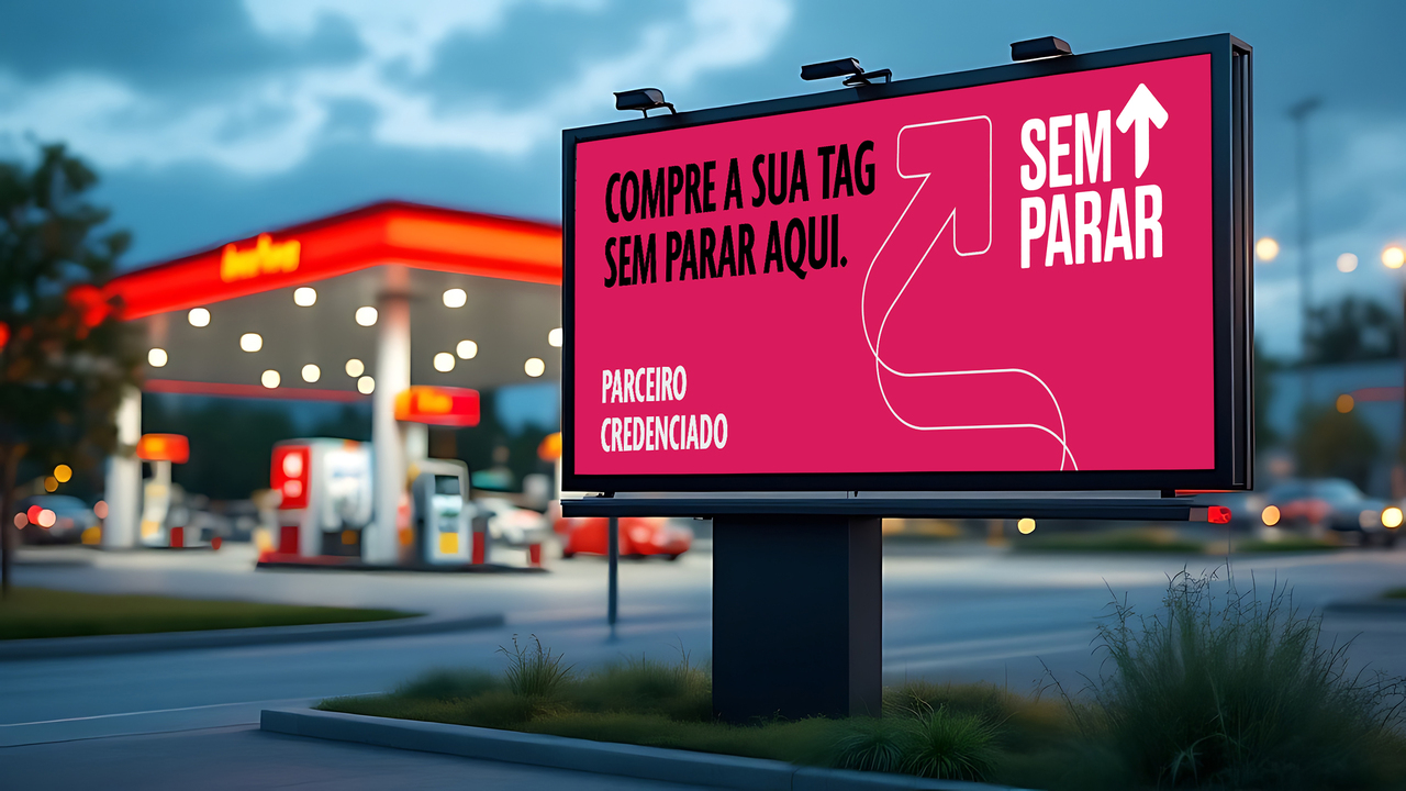 Large white blank billboard mockup displayed inside the gas station.