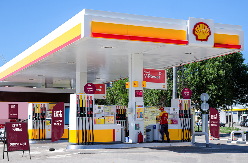 Samara, Russia - June 18, 2021: Shell gas station in sunny day. Shell V-power petrol station. Royal Dutch Shell is an Anglo-Dutch multinational oil and gas company